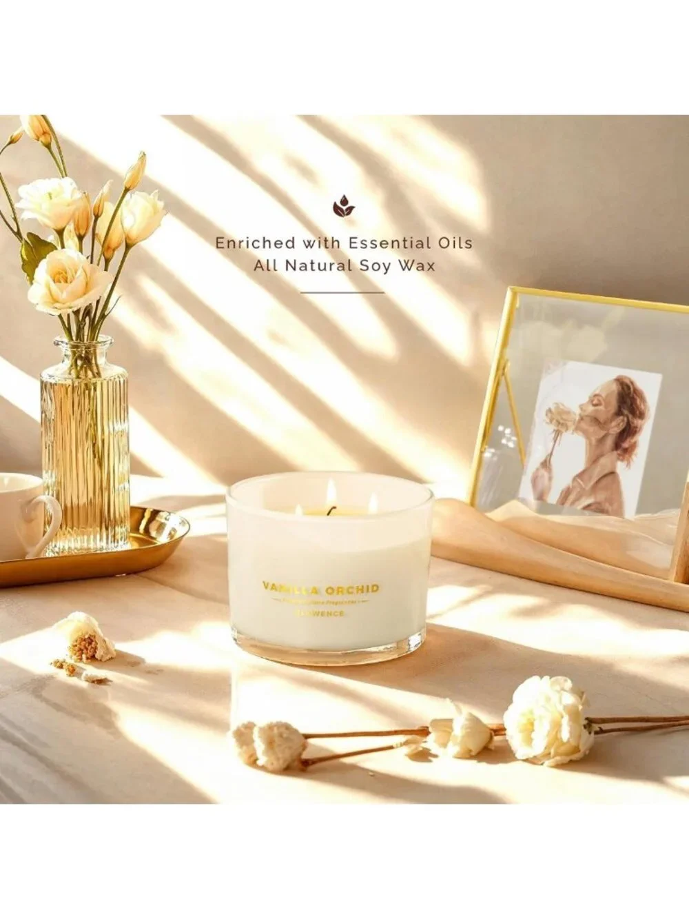 Large 3-Wick Vanilla Scented Candle - Natural Soy Wax, 40-Hour Burn, Elegant